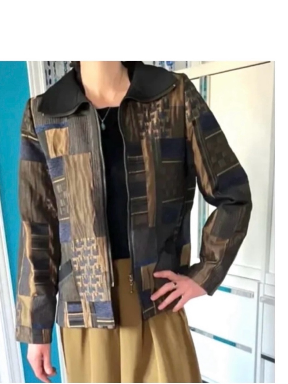 🇨🇦 Textured Abstract Jacket Copper Blue Patch-like Fabric• Judy Joannou Designer
